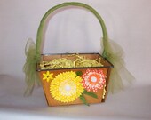 Wooden Basket Paper Flowers Vintage Box