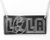 Name with Rose Design, Custom Made Name Plate Necklace, Sterling Silver, 16", 18" or 20" Free Shipping in US