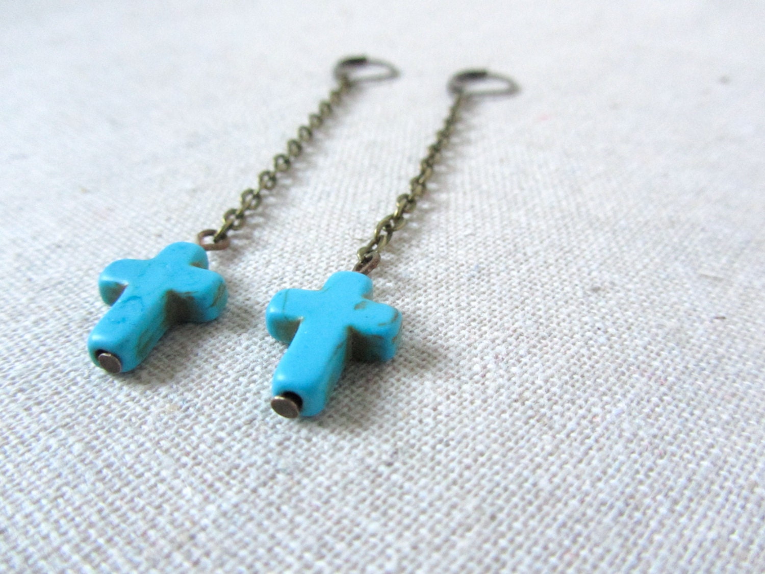 Turquoise Cross Earrings, Dangle Earrings, Southwestern, Bohemian, Brass