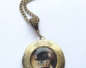 Bronze Steampunk Monocle Cat Top Hat Locket Necklace