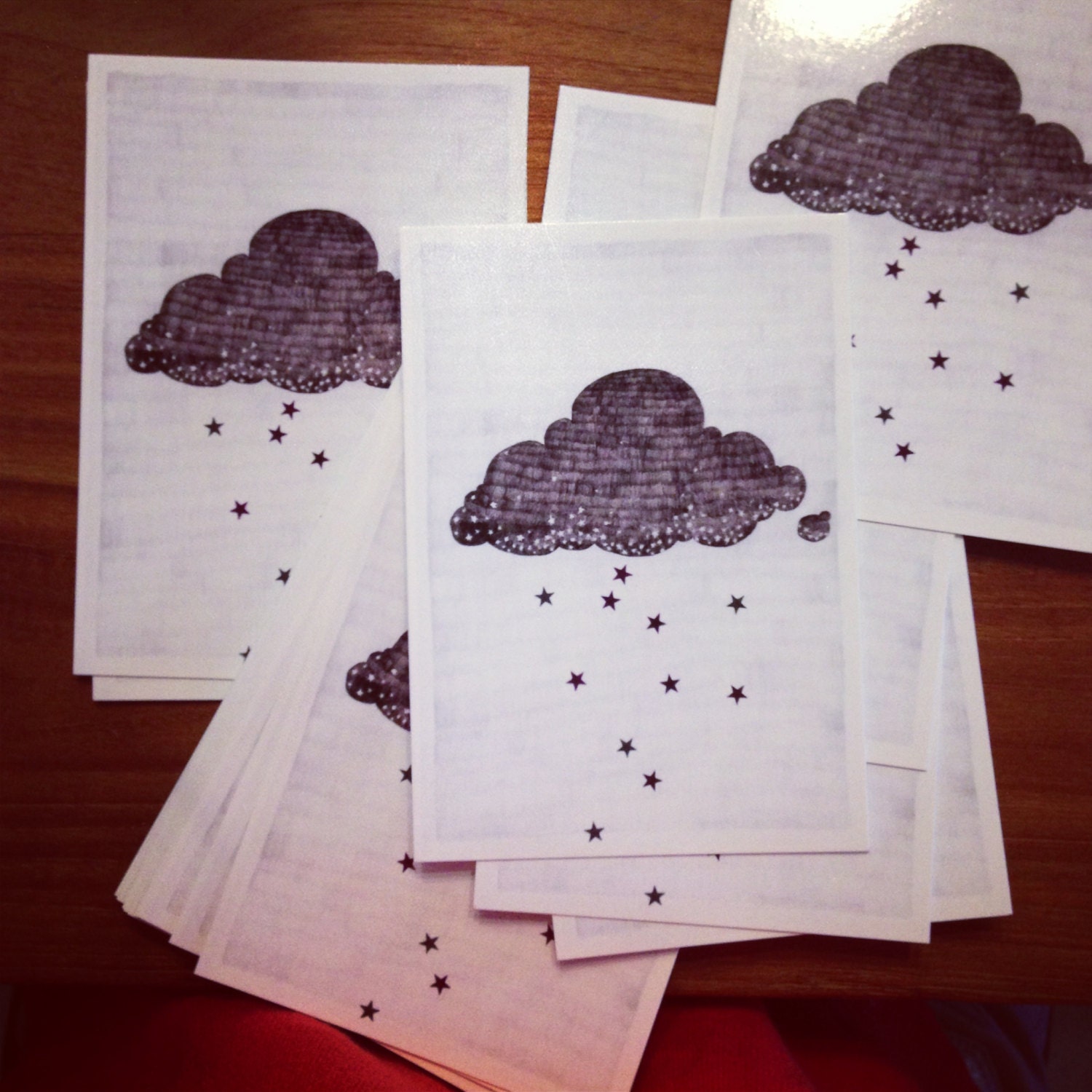 Stargazer cloud, raining stars pencil illustration // postcard