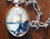Silhouetted Golden Gate, Oval Pendant Necklace