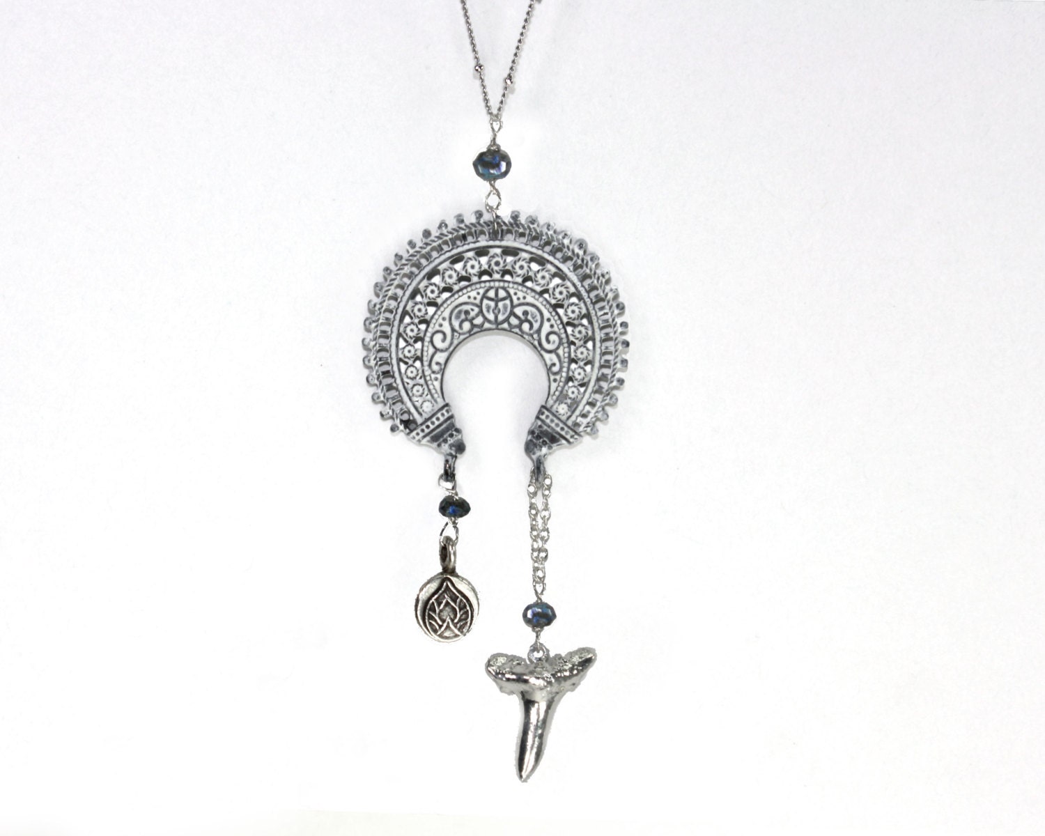 Dom shaman. Shark tooth and lotus necklace for strength and growth. Sterling silver necklace with patinated ornate crescent