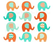 bright orange and turquoise blue elephant clip art, boys girls chevron clipart elephants, invitations invites baby shower birthday 043