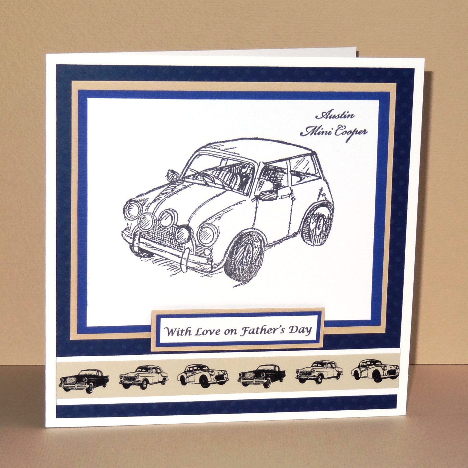 Austin Mini Cooper hand stamped Father's Day card (can be personalised, names, occasion, birthday, etc)