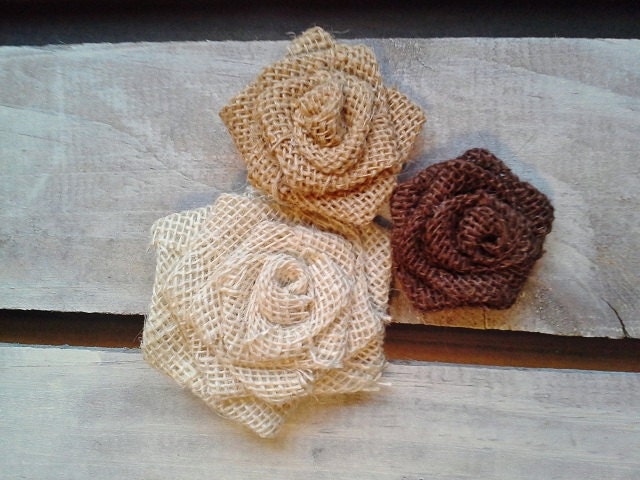 Set of 10- Burlap Rosettes-2.5" Medium- 3 Colors Available- Weddings/ Country/ Folk/ Rustic