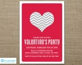 Valentine's Party Invitation - Valentines Day - Heart Invitation - Cheveron - Heart Printable - Red - Gray - Love - Printable Party