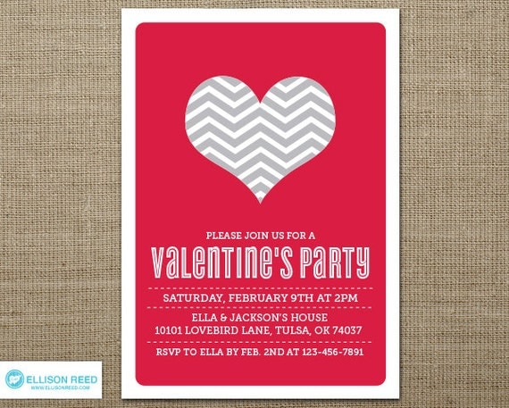 Valentine's Party Invitation - Valentines Day - Heart Invitation - Cheveron - Heart Printable - Red - Gray - Love - Printable Party Il_570xn