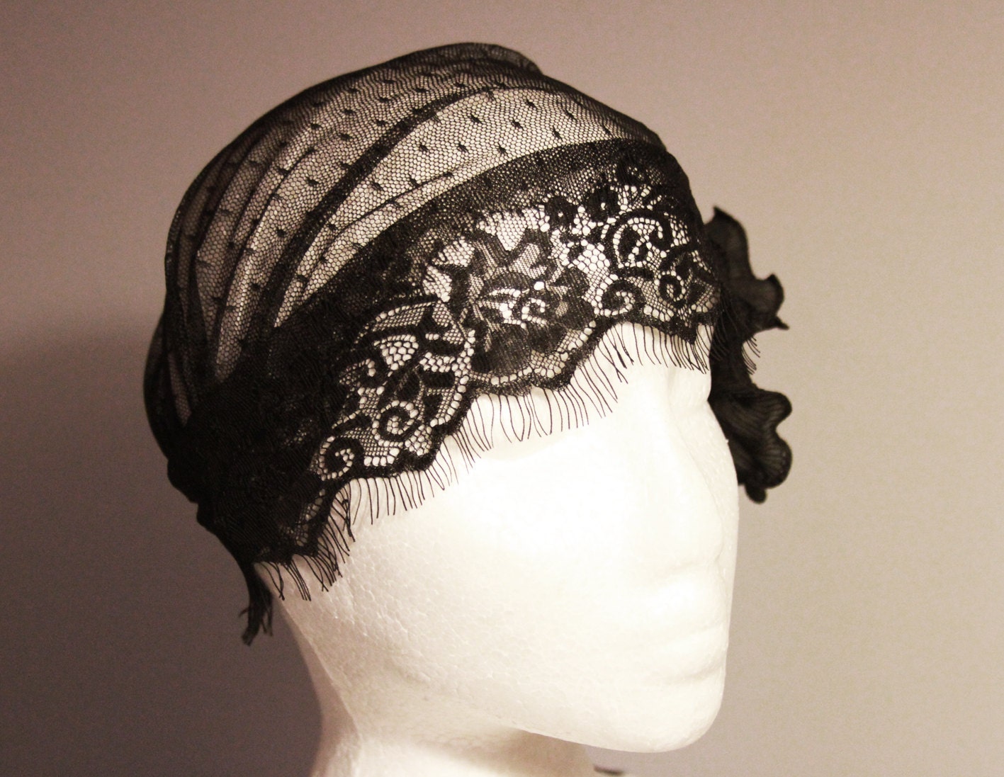 Black Lace Rose Flower Cap Swiss Dots Lace Netting Polka Dot Tulle - 20s Inspired Bridal Hat Art Deco Flapper Girl 1920 1930 30s