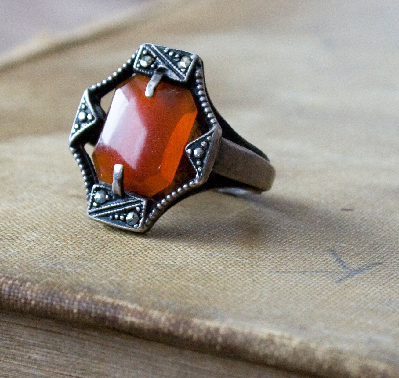 Vintage ART DECO ring - Flapper Cocktail Ring - 1920s Jewelry - Orange Carnelian and Marcasite Ring - Sterling Silver