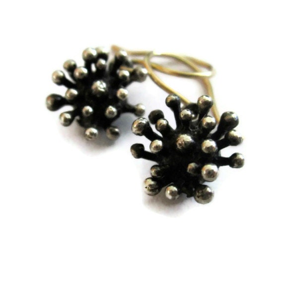 Oxidized Silver Earrings, Starburst Earrings,  Small Earring Drops, Tiny Flower Earrings