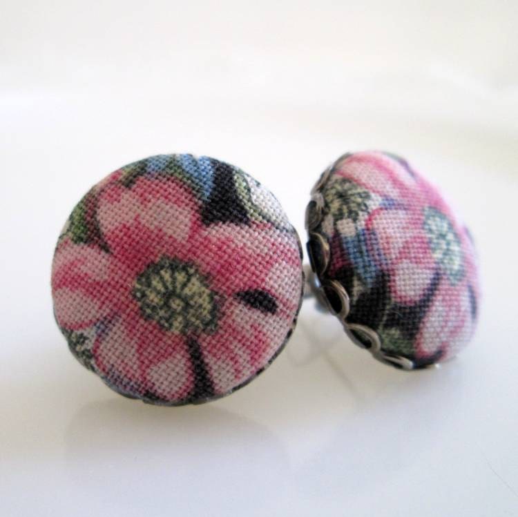 Repurposed Cotton Fabric Covered Button Stud Earrings - Pink Dogwood Flower