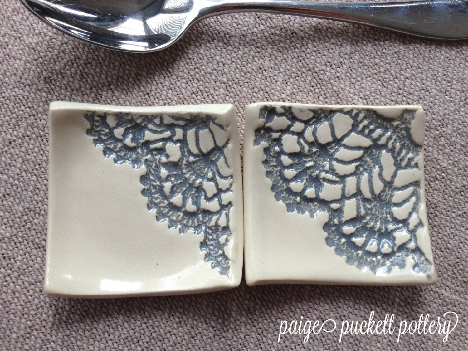 Square Ceramic Spoon Rest Pair - Ivory and Lace Stoneware Pottery - paigepuckettpottery