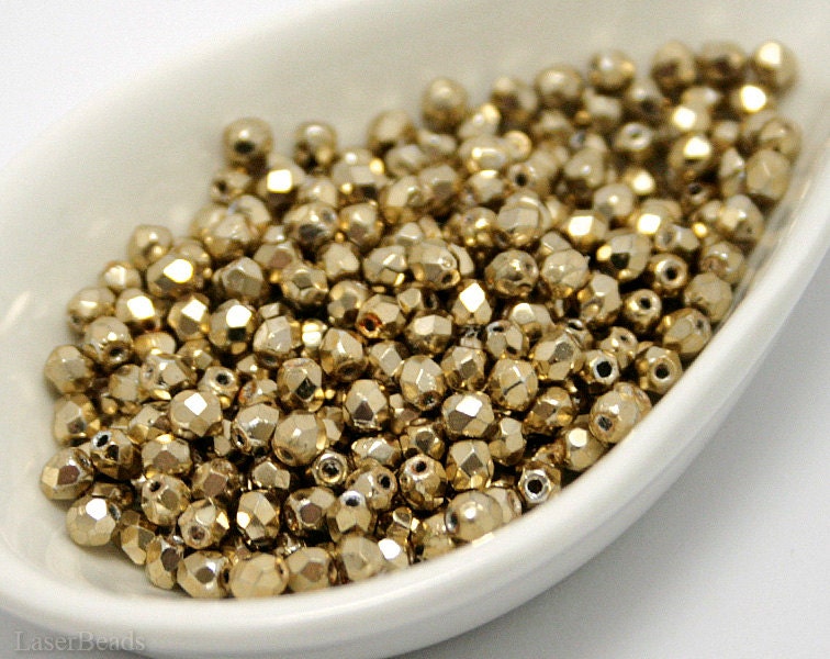 Gold Czech Fire Polished 3mm Beads (70) Glass Round Polish Metallic