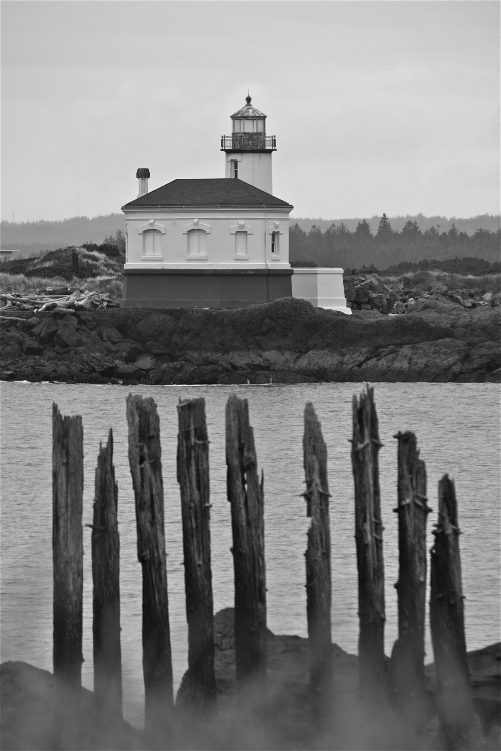 Bandon Oregon Light House, Black and White lighthouse photograph, beach decor, Ocean, Seascape, Landscape lighthouse