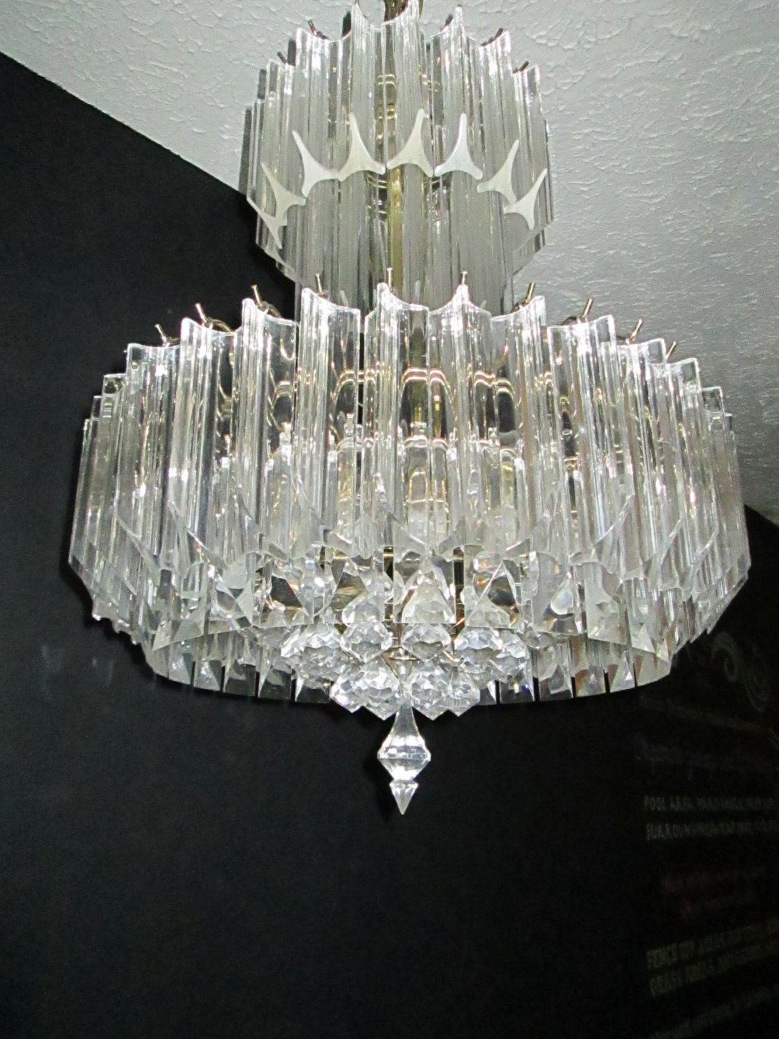 Beautiful, Mid-century, Clear Lucite and crystals Chandelier, 1950's, 1960's, Vintage ceiling light, rare, Hollywood Regency, Italy