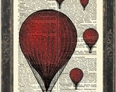 Red Balloon Print on 1900's French English Dictionary  Upcycled Book Page mixed media  digital