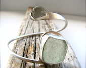 Sea Foam Green and White Sea Glass Sterling Silver Wrap Bangle Bracelet - FeliciaGraceDesigns