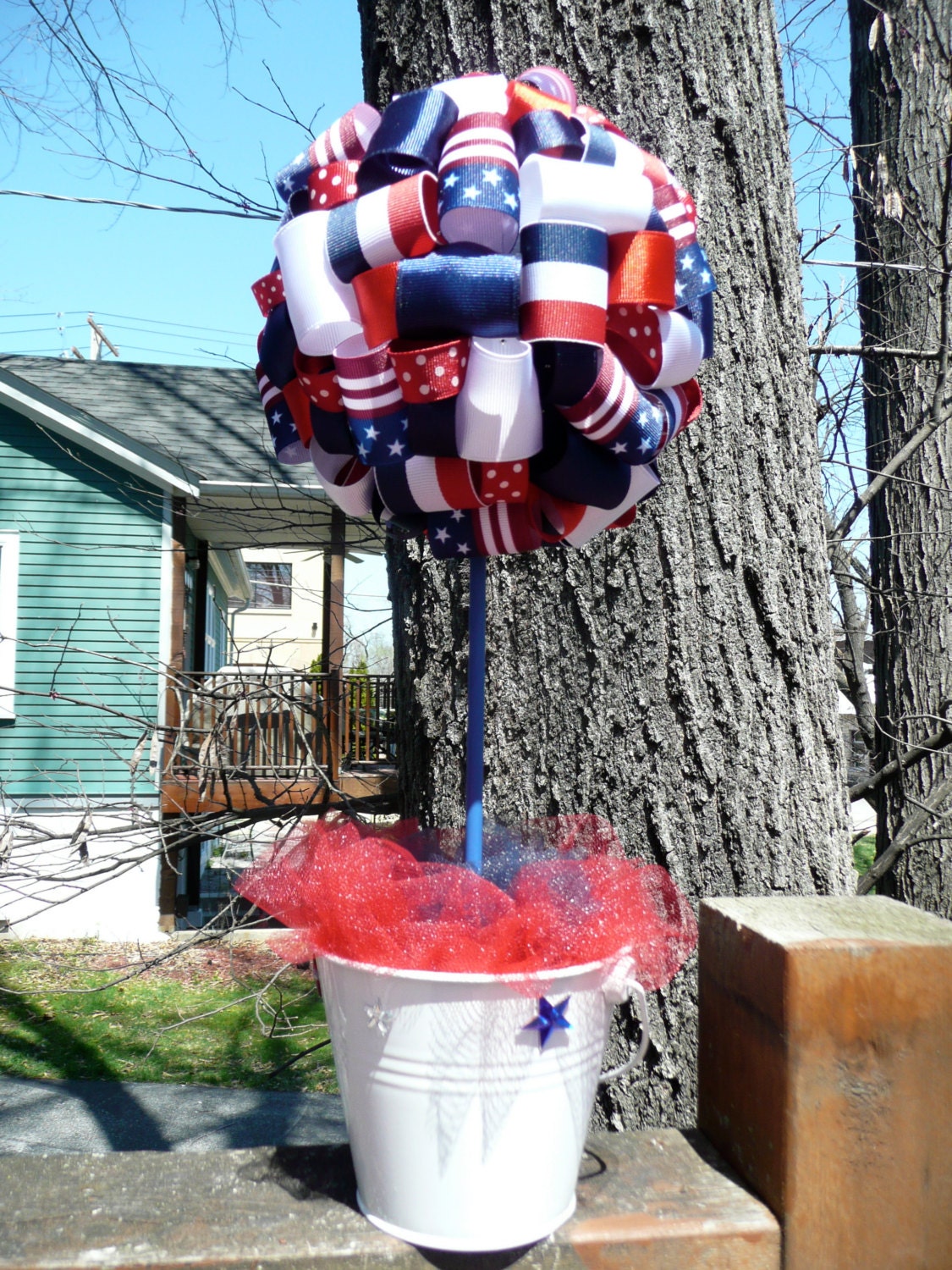 Red, White & Blue/Flag/Stars and Stripes/4th of July/Hero/Veteran/Patriotic Ribbon Centerpiece Topiary