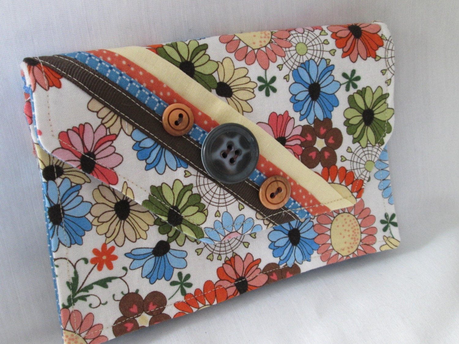 Women's Handmade Modern Multi Colored Floral Clutch  Button Accents and Magnetic Closure