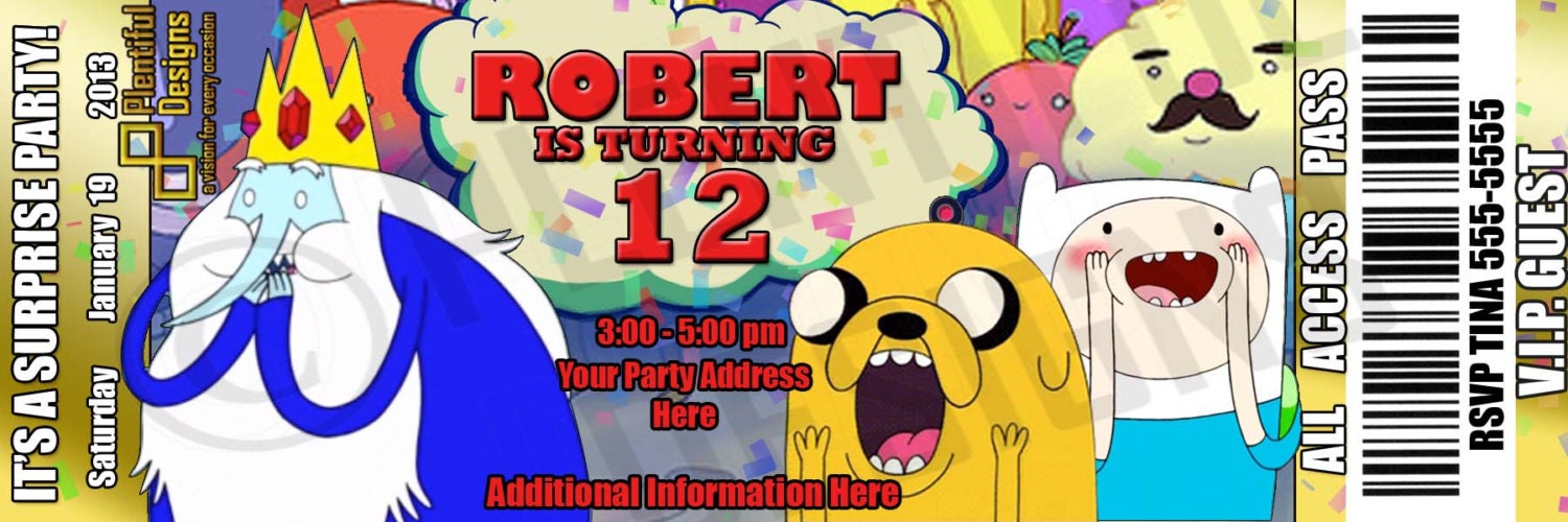 custom Adventure Time inspired Birthday Ticket Style invite: Horizontal JPEG only, You Print, or send as E-card