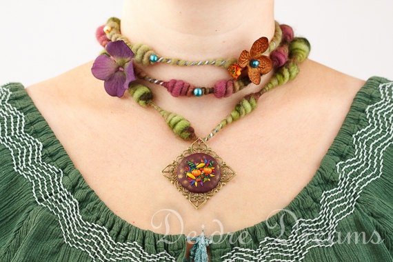 Pagan Woodland Tribal Harvest Festival Pendant Art Yarn Necklace - Polymer Clay Fruits Flowers Hand Sculpted Cameo Wiccan Fiber Art Jewelry