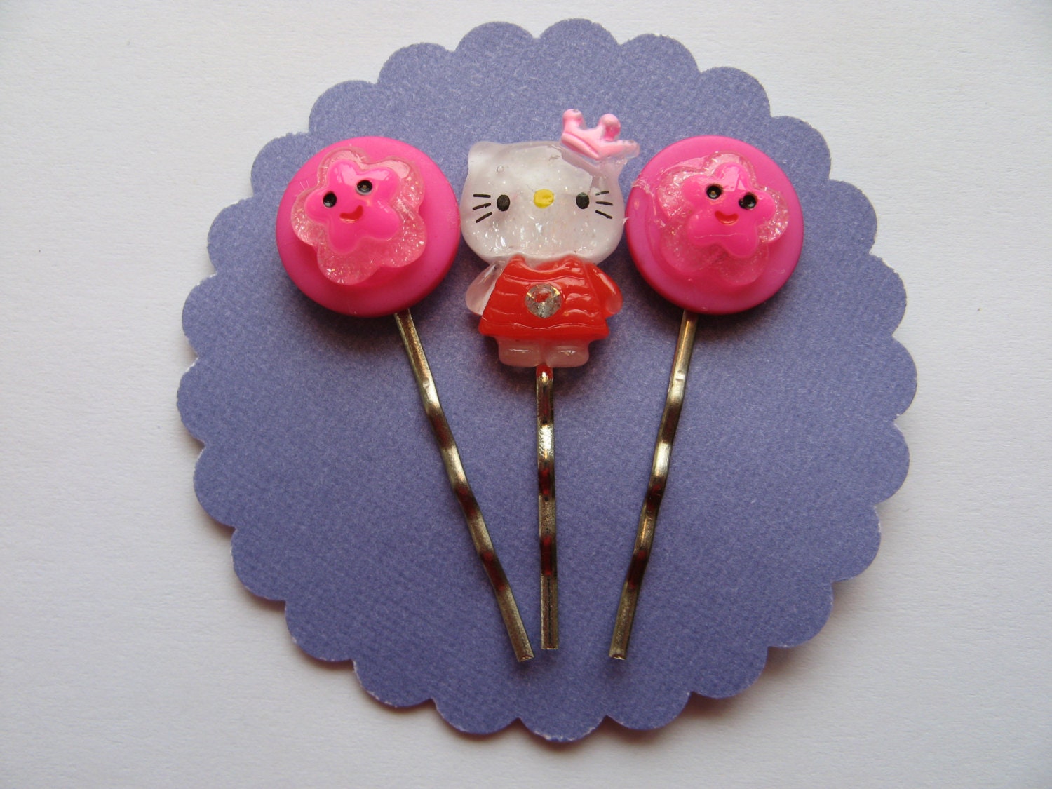 Hello Kitty and Pink Glitter Star Hair Pins - Kitty and Star Cabochons  on Silver Tone Bobby Pins - Set of 3