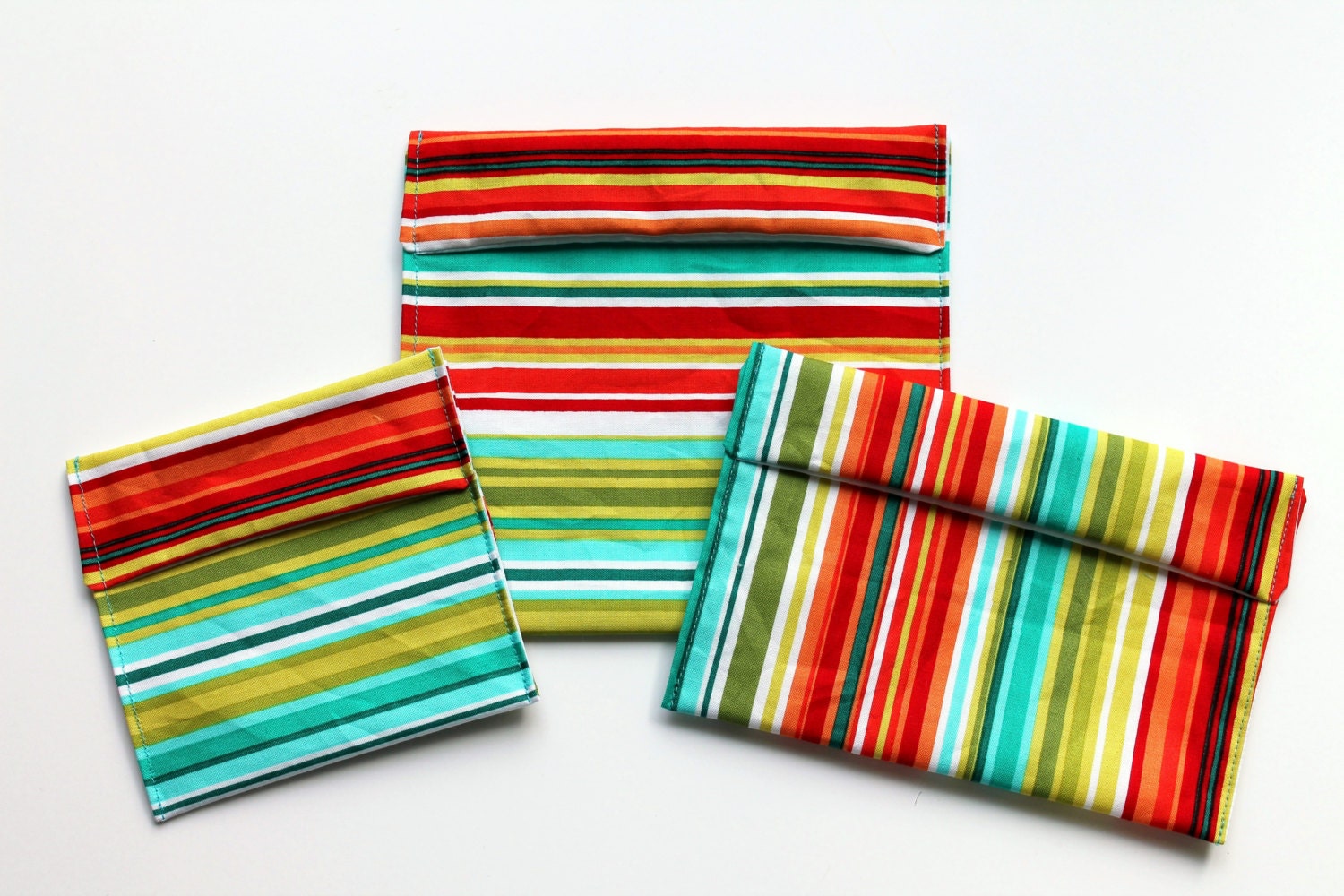 Cloth Snack Bag Set - Red, Green, Turquoise Striped Reusable Sandwich Bag and Medium and Small Snack Bags