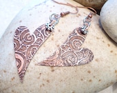 Etched Copper Swirly Earrings, Mixed Metals, Rustic Hearts - FromEarToEar