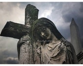Angel Headstone, sad, dramatic, emotional, graveyard, cloudy, grey, cross, Fine art print 8x10