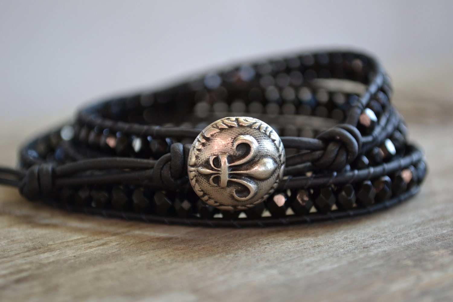A gypsy's soul, black beaded, black leather triple wrap bracelet, Rustic Country, Gypsy,  Boho chic, bohemian, Chan Luu style