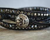 A gypsy's soul, hematite beaded, black leather triple wrap bracelet, Rustic Country, Gypsy,  Boho chic, bohemian, Chan Luu style
