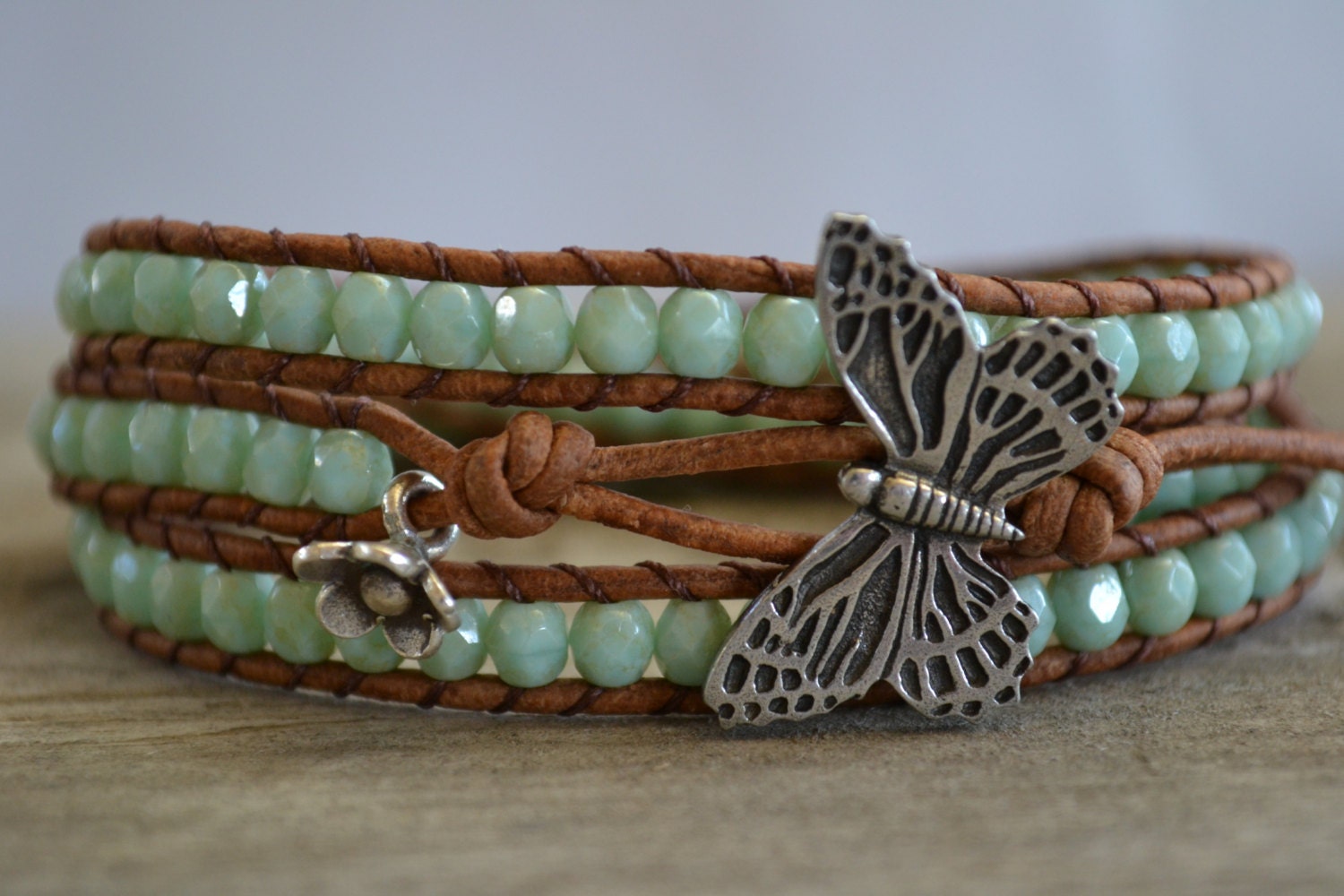 A gypsy's soul, Aqua/Mint Butterflies, leather triple wrap bracelet, Rustic Country, Gypsy,  Boho chic, bohemian, Chan Luu style
