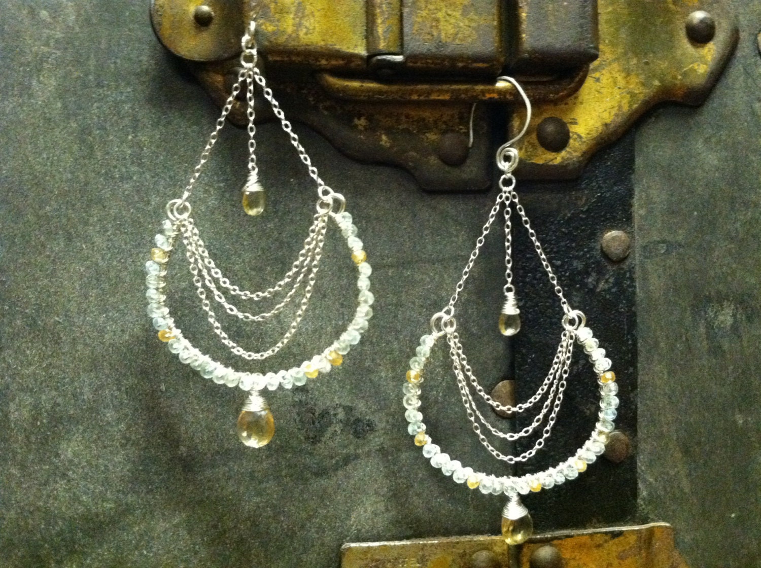 Sterling Silver 3D Citrine & Aquamarine Horseshoe Earrings 