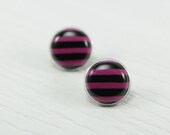 Pink and Black Stud Earrings 20mm - Pink Striped Stud Earrings - Black Stripes Post Earring - Striped Jewelry - Studs - Stainless Steel Post