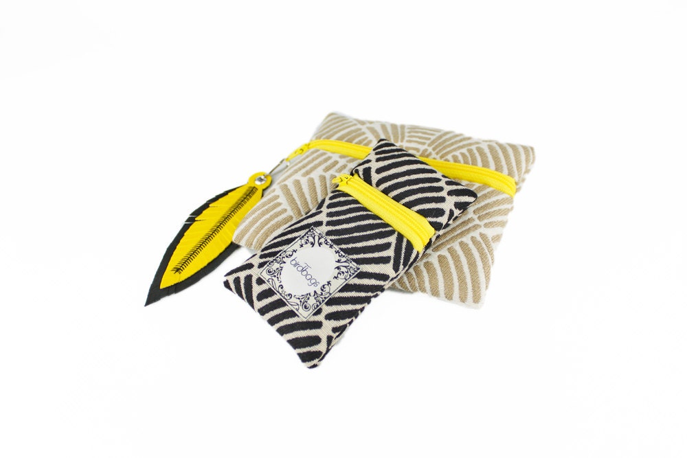 Yellow Zippered Pouches, Set of 2 - Sandy Beach Neutrals & Black and Cream with Sunshine Yellow Zippers - Birdbags "Hummingbirds"