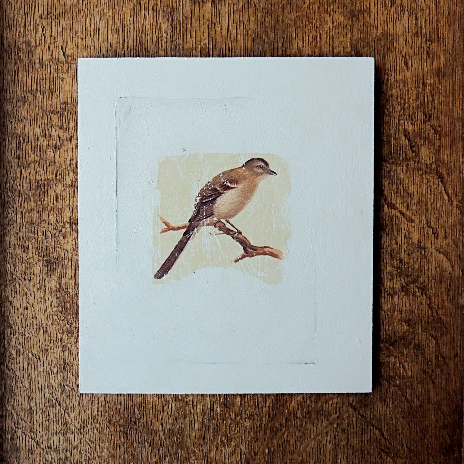 Birdsong, mixed media original artwork on board with bird on a branch