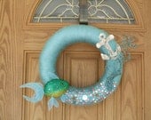 Under The Sea Wreath--Summer Wreath-Anchor Wreath--Beach Decor--14 inch Seafoam Yarn Wreath