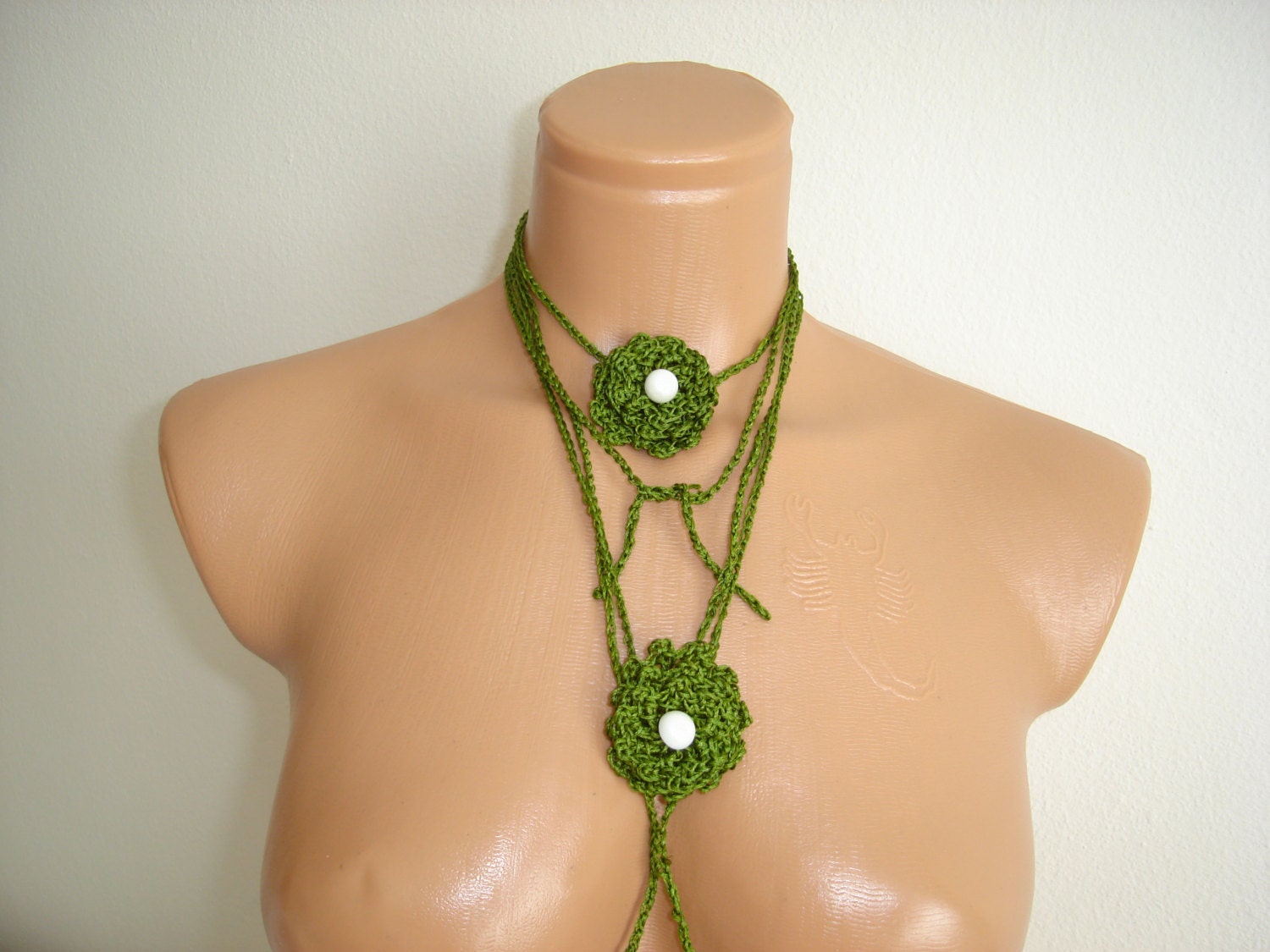 Two piece Crochet ring white pearl, bracelet, necklace, unique design,green ring.