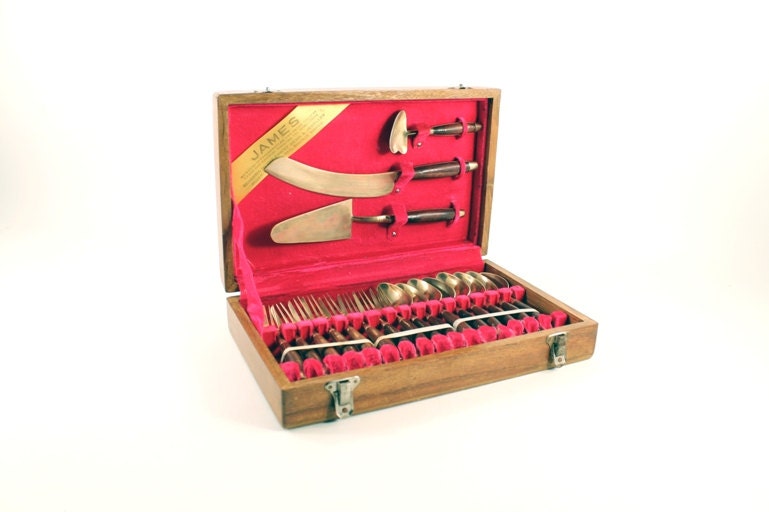 Brass and Rosewood 19 Piece Dessert Flatware Set from Thailand