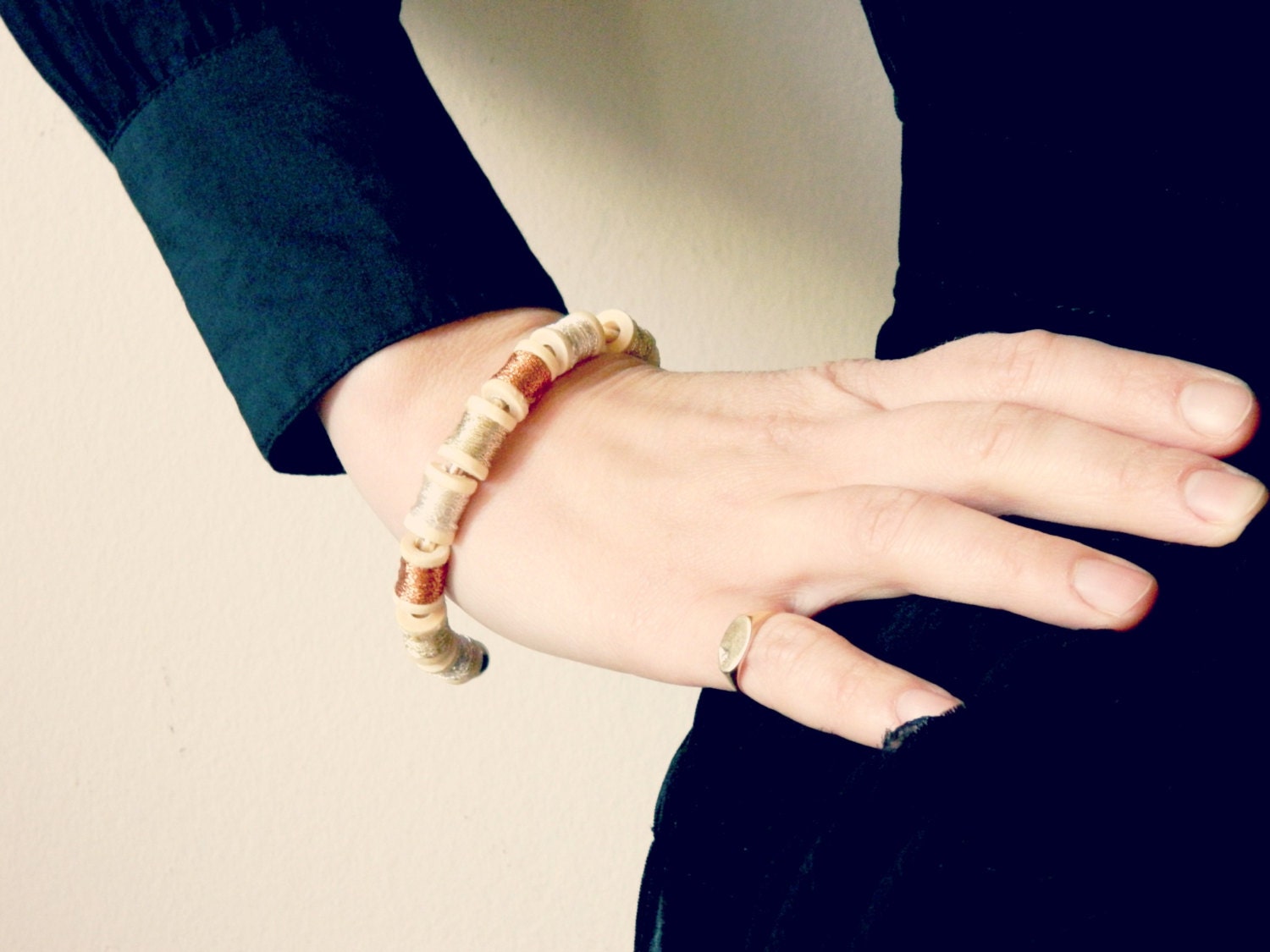 precious metal effect  Mini Wooden Spool Cuff  Bracelet Silver  Metallic cooper