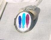 Art LARGE LOCKET Hand painted Feathers  necklace, acrylic  jewelry, silver toned metal, violet blue aqua color Lockets pendant opens up