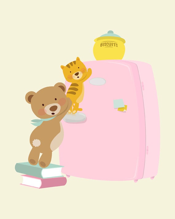 Nursery art print, Kids wall art, A baby bear and a kitten caughts in the act while trying to take cookies, 11x14, Art print.