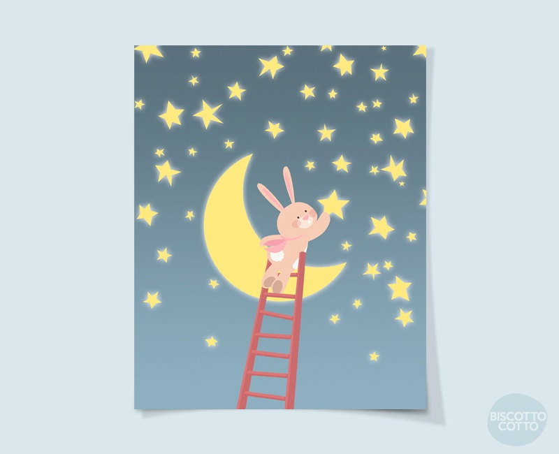Nursery art print, Kids wall art, A baby rabbit with a star in tha hand on a night light blue background, 11x14, Art print.