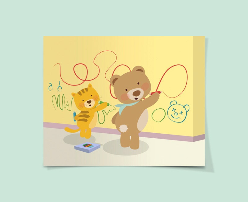 Nursery art print, Kids wall art, A teddy bear and a kitten caught in the act of drawing on the walls, 5x7, Art print