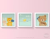 Nursery art print. A little bunny and a kitten phoning their friend Teddy bear on a mint background with dots, 10x10, Art print.