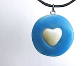 Polymer Clay Necklace, Handmade, Jewelry, Pendant, Blue and White Round Heart