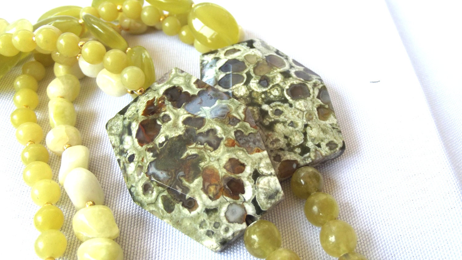 Olive Green Jade,  Agate Stone Necklace, Spring Necklace, Three Stranded Necklace,Unique, OOAK, Wedding, Party, Long Necklace