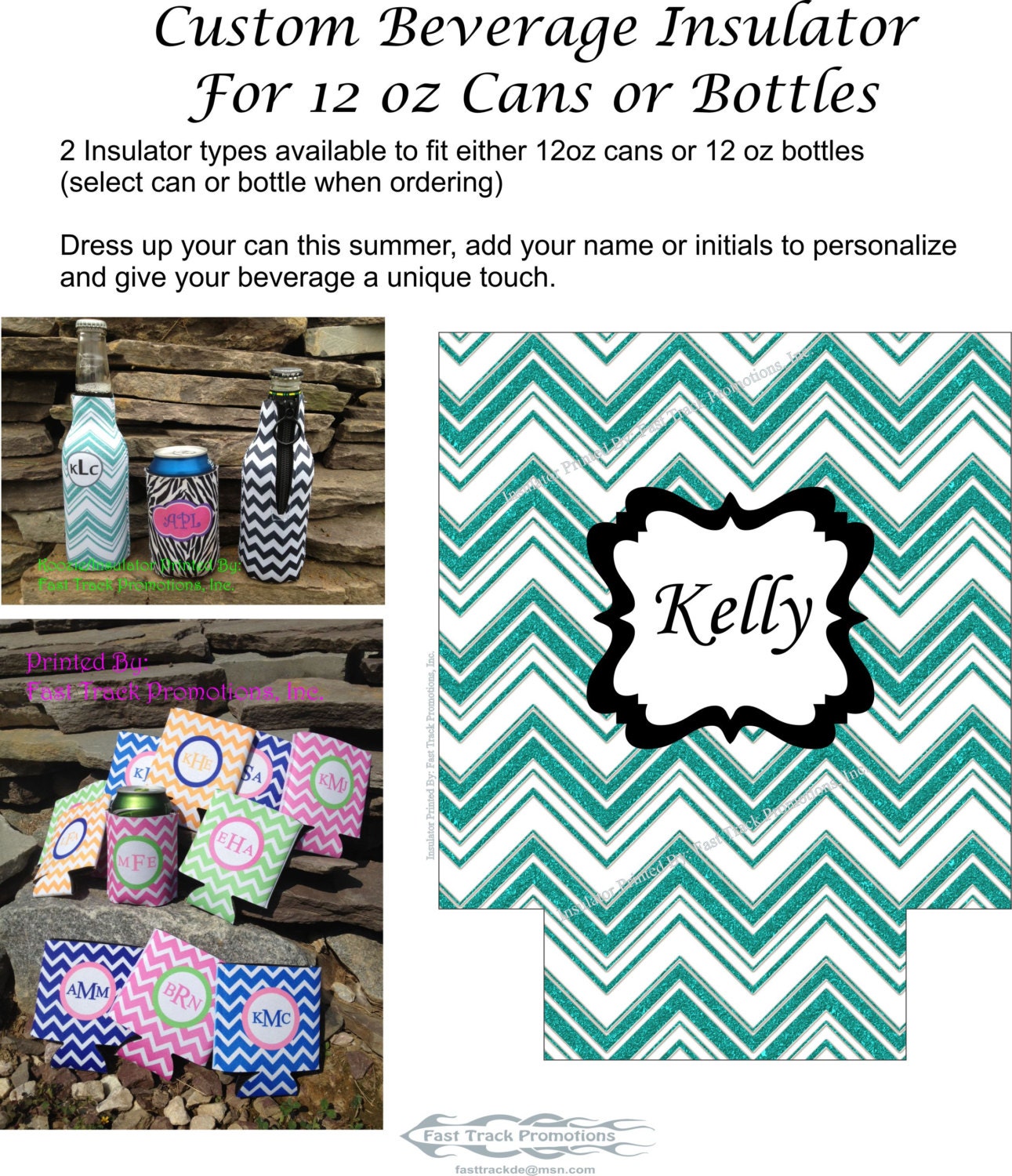 Custom Printed Personalized Turquoise Chevron Design 12oz Can or Bottle Insulator (Koozie/Huggie)