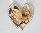 Hanging Heart Decoration - Shabby Chic Vintage Seamstress - Mixed Media Textile Collage Gift for Craft Creative DIY Friend